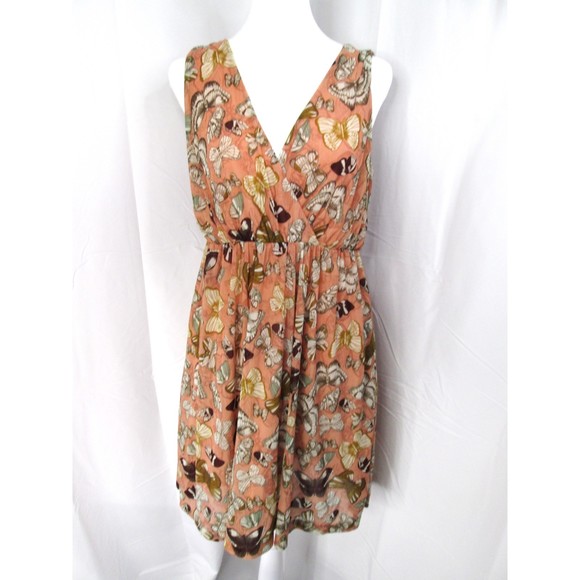 H&M Dusty Peach & Butterflies Fully Lined Polyester Dress Preloved S (RK53) - Picture 1 of 11